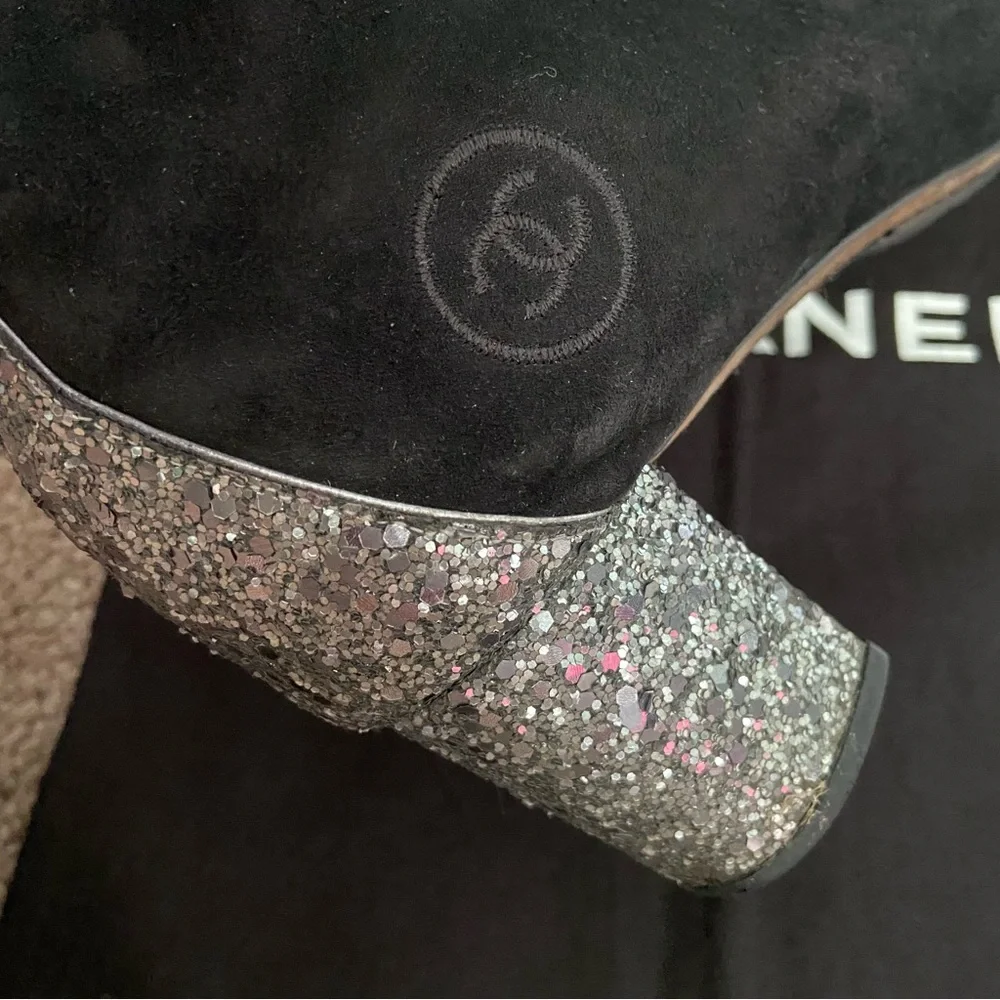 Chanel Black Suede Ankle Boots Booties with Glitters Heels and Toes